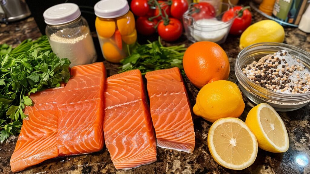 Ingredients for salmon soup laid out on a countertop.