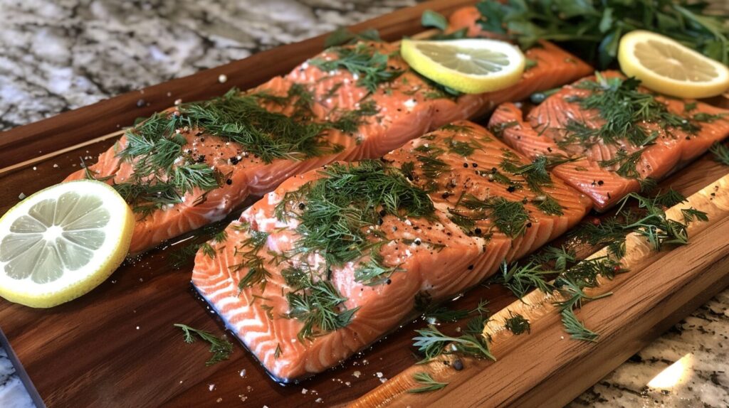 Fresh salmon fillets on a wooden cutting board with herbs and lemon.