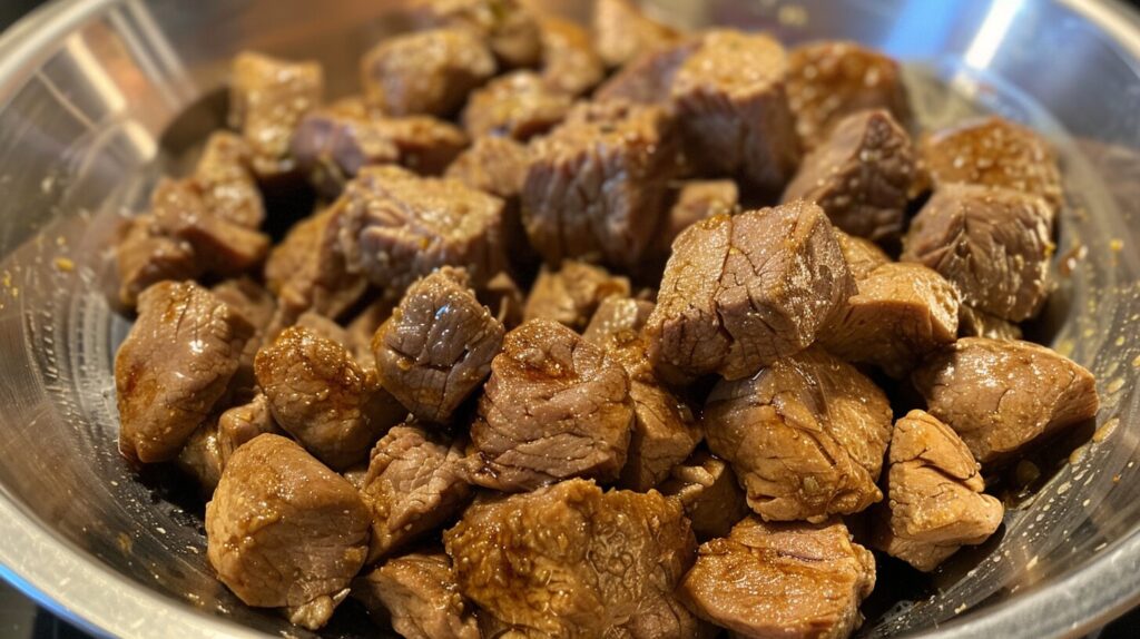 A pile of tenderloin tips in a stainless steel bowl.