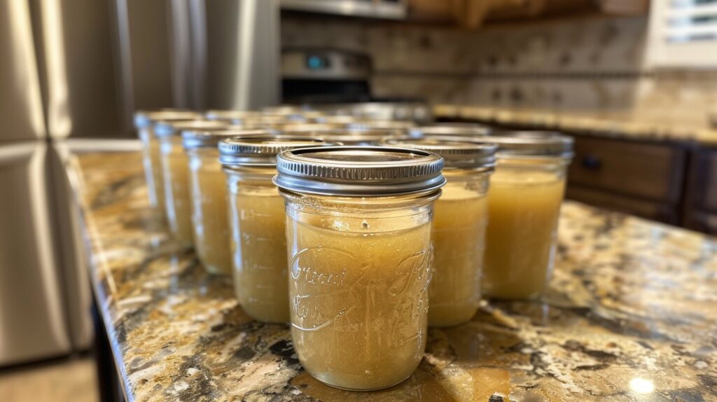 Homemade beef tallow in glass jars on a kitchen countertop.