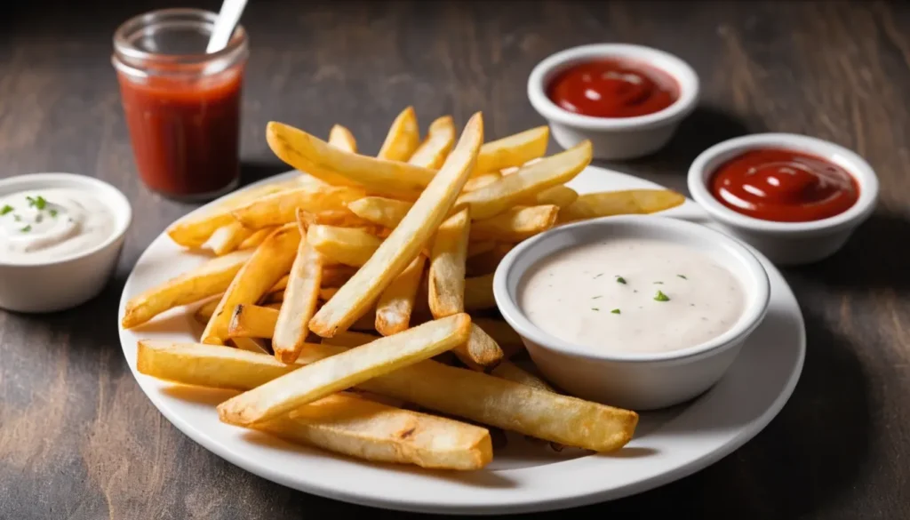 A plate of French fries with ketchup and ranch sauce for dipping.