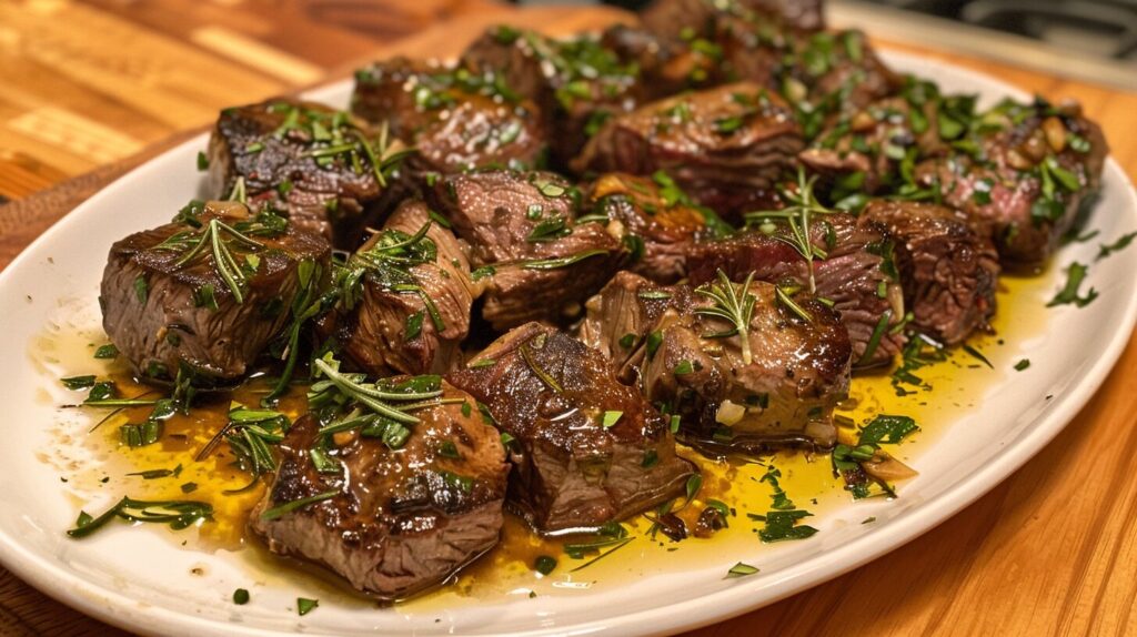 Beef tenderloin tips in garlic butter sauce with herbs