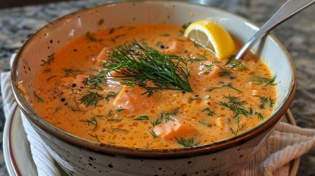 A bowl of salmon soup with a spoon and fresh dill garnish.