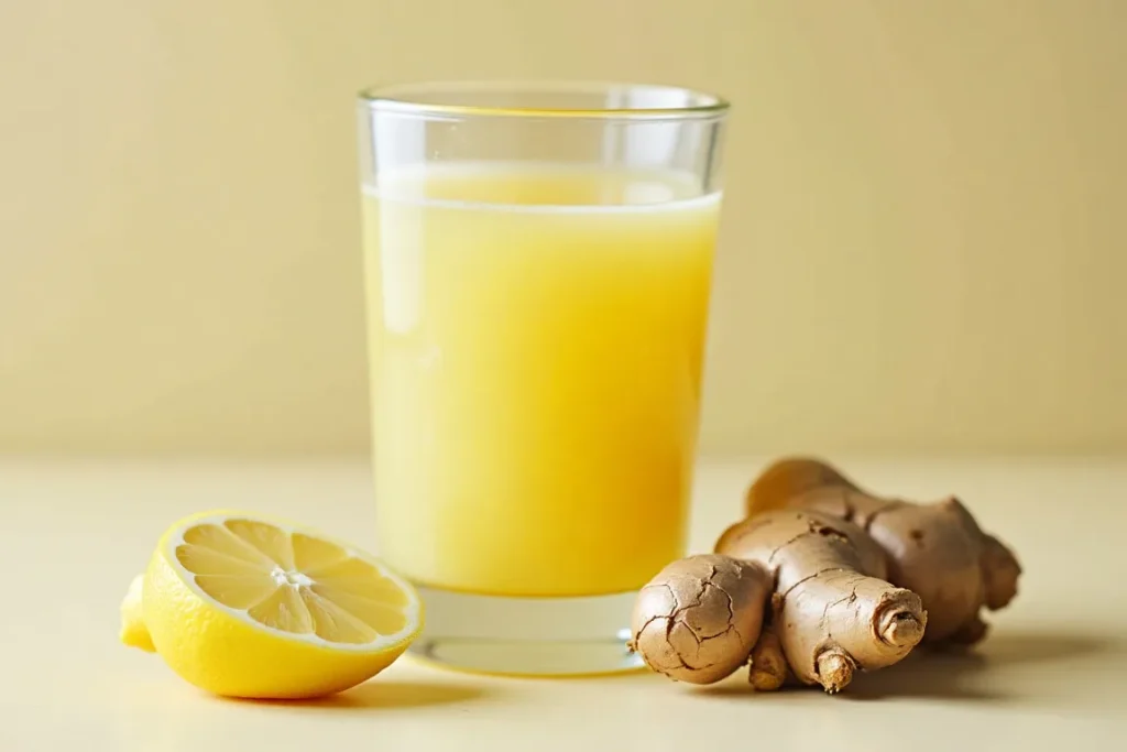 A single ginger and lemon shot in a small glass with fresh ginger root and lemon slices