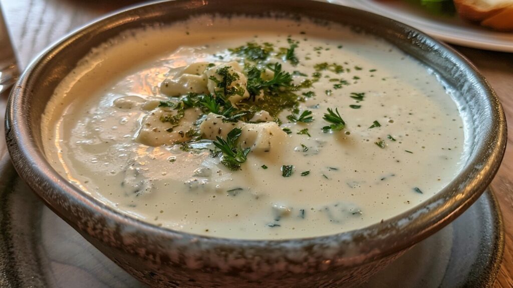 A creamy blue cheese sauce in a small bowl with ingredients surrounding it.