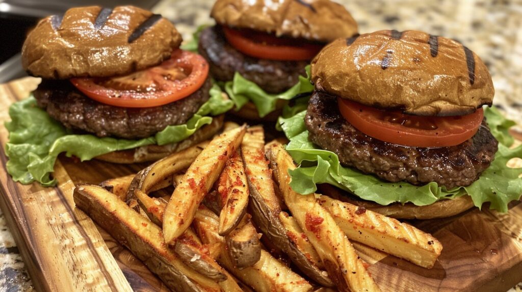 Juicy beef burgers made from tenderloin trimmings, topped with lettuce and tomato on a wooden platter.