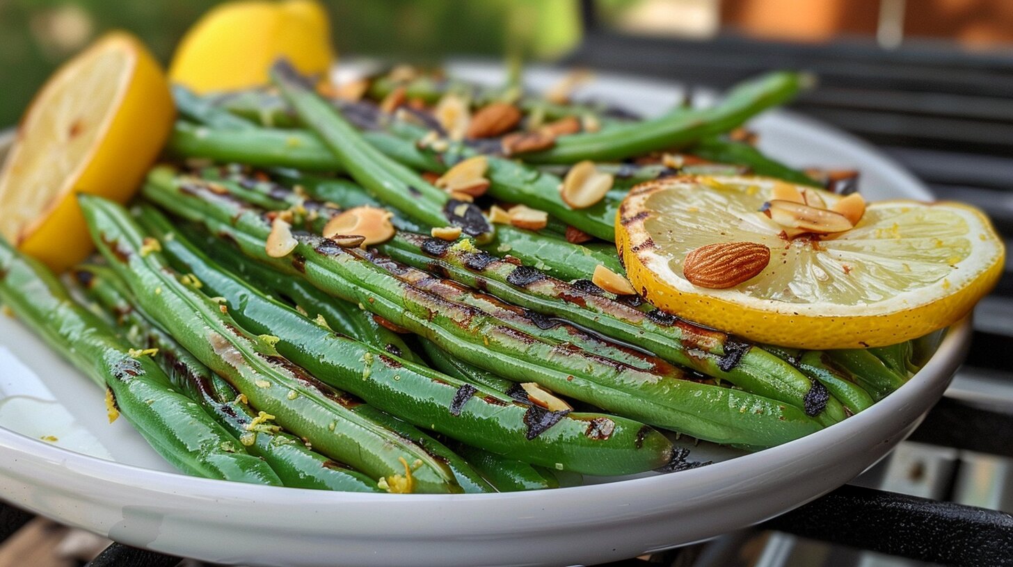 Green beans garnished with almonds and lemon zest