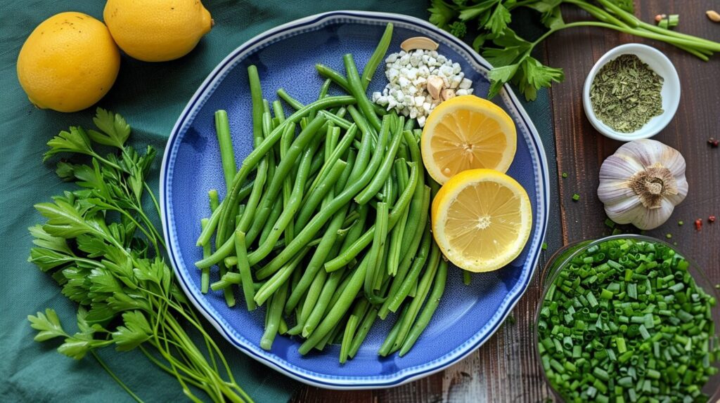 A plate of perfectly seasoned green beans with various herbs and spices.