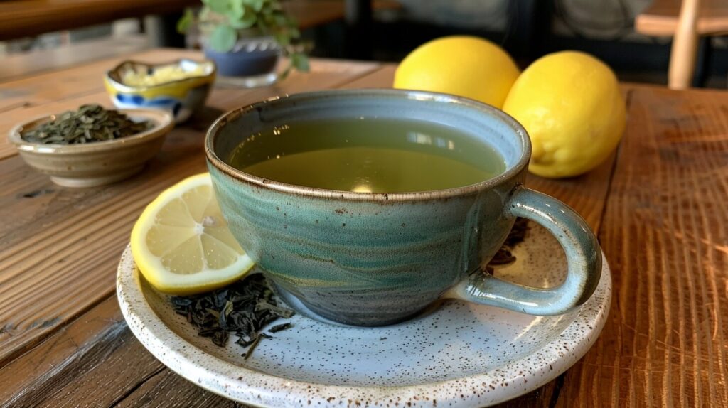 A steaming cup of green tea with a fresh lemon wedge and a small dish of loose green tea leaves.