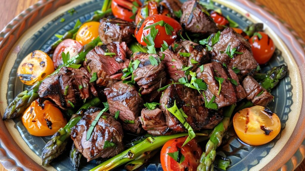 Grilled beef tenderloin tips on a plate