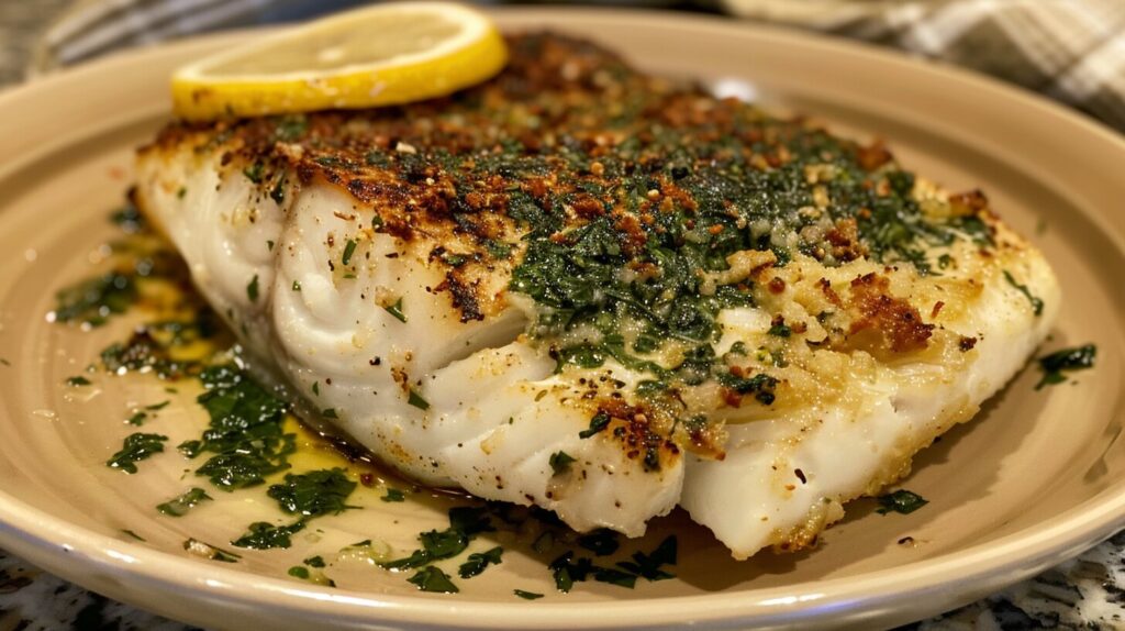 Grilled fish with a herb crust and lemon wedge