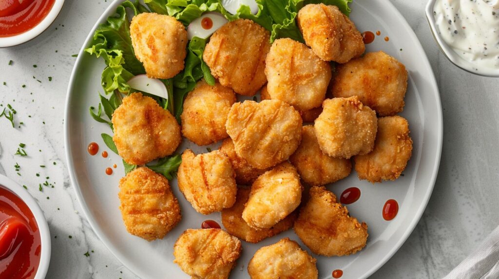 Freshly grilled chicken nuggets on a white plate, with dipping sauce and a fresh salad.