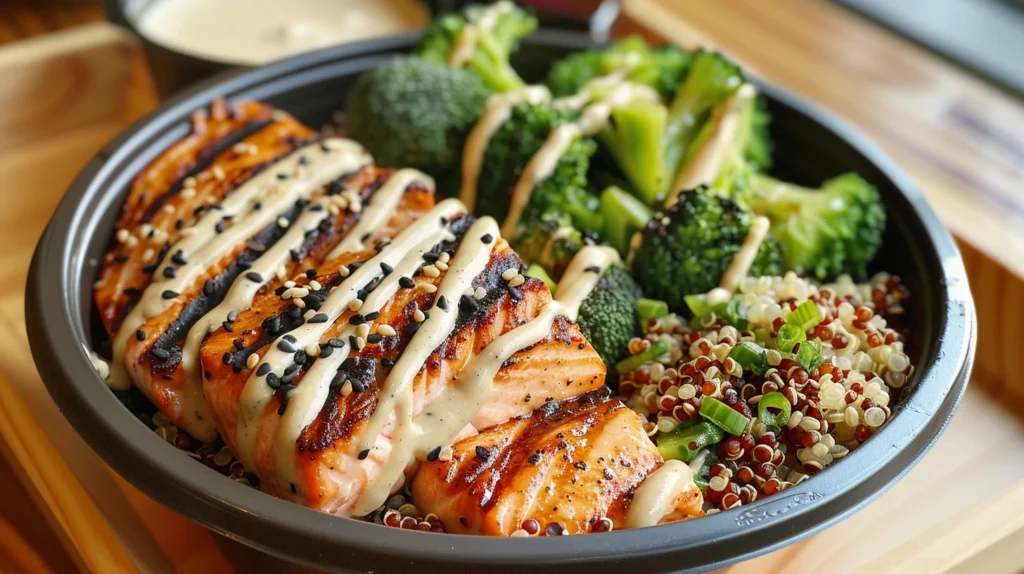 Grilled salmon and quinoa bowl with vegetables