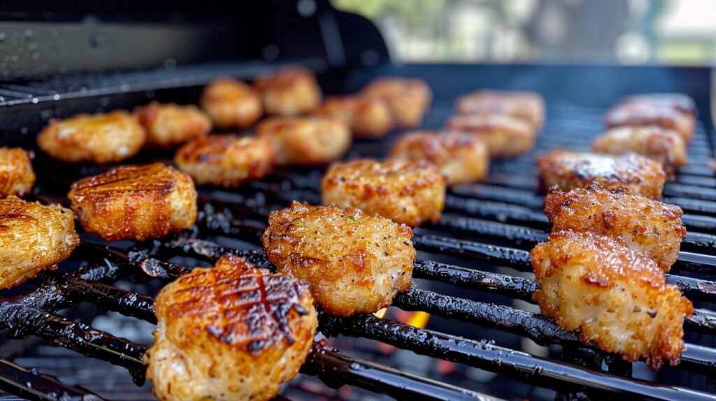 Chicken nuggets being grilled on an outdoor grill.