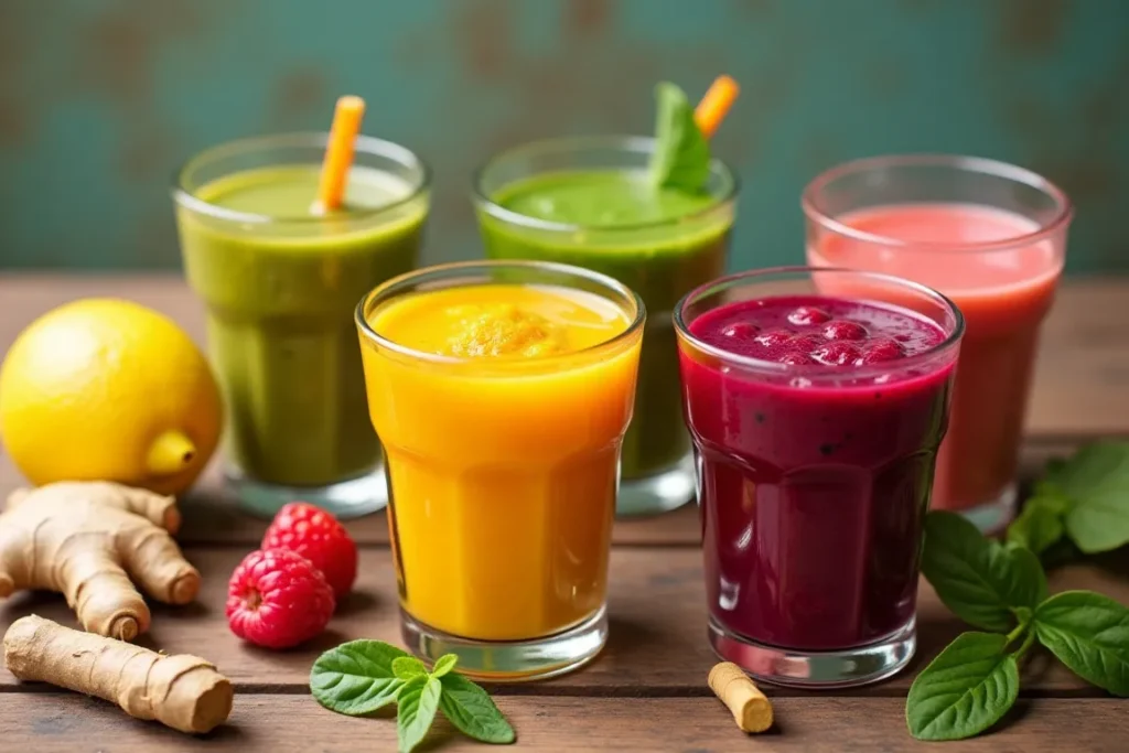 A variety of colorful breakfast shots on a wooden table