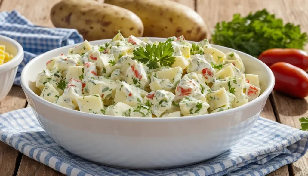 Classic Hellmann’s potato salad in a white bowl, garnished with fresh parsley.