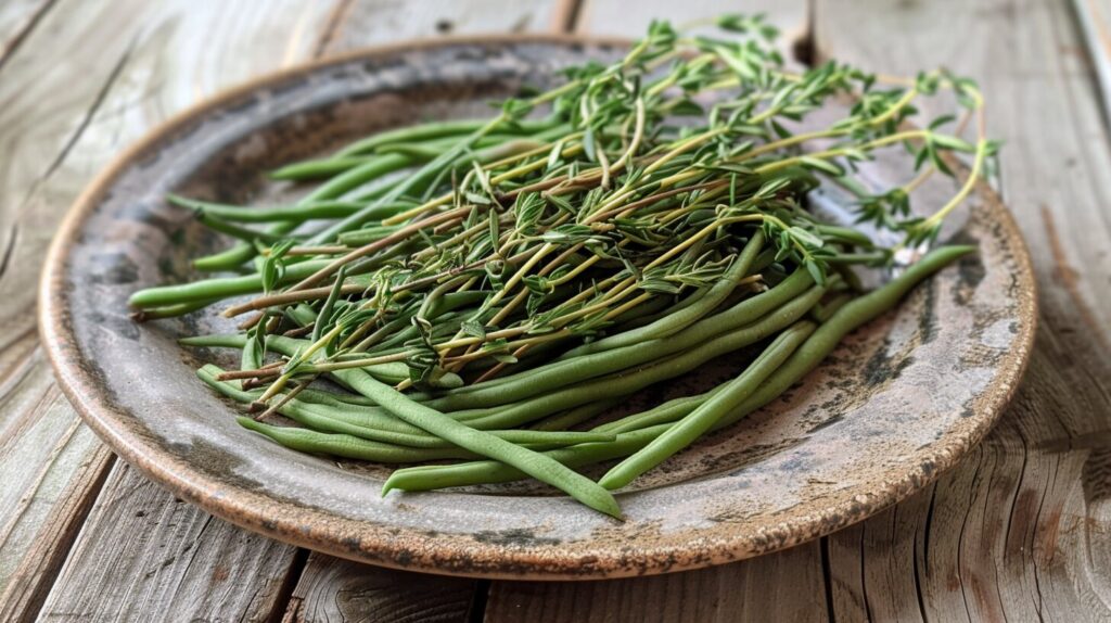 Green beans garnished with rosemary and thyme sprigs.