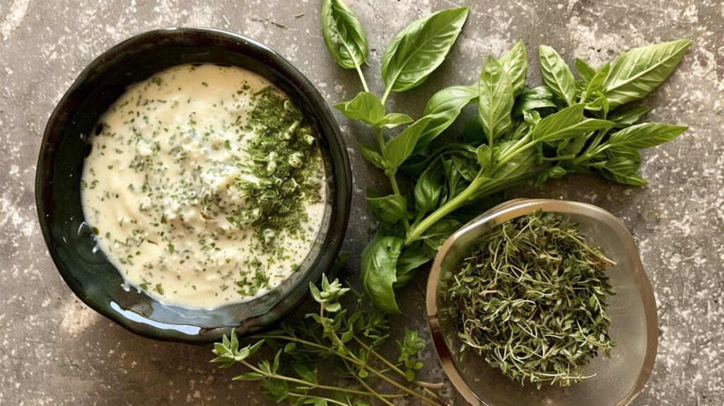 A small bowl of fresh herbs next to Alfredo sauce.