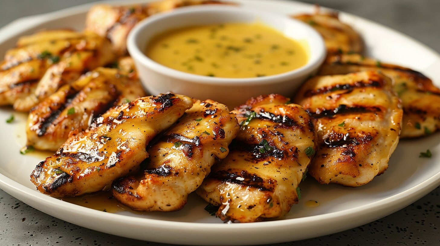 Plate of grilled chicken nuggets with dipping sauce.