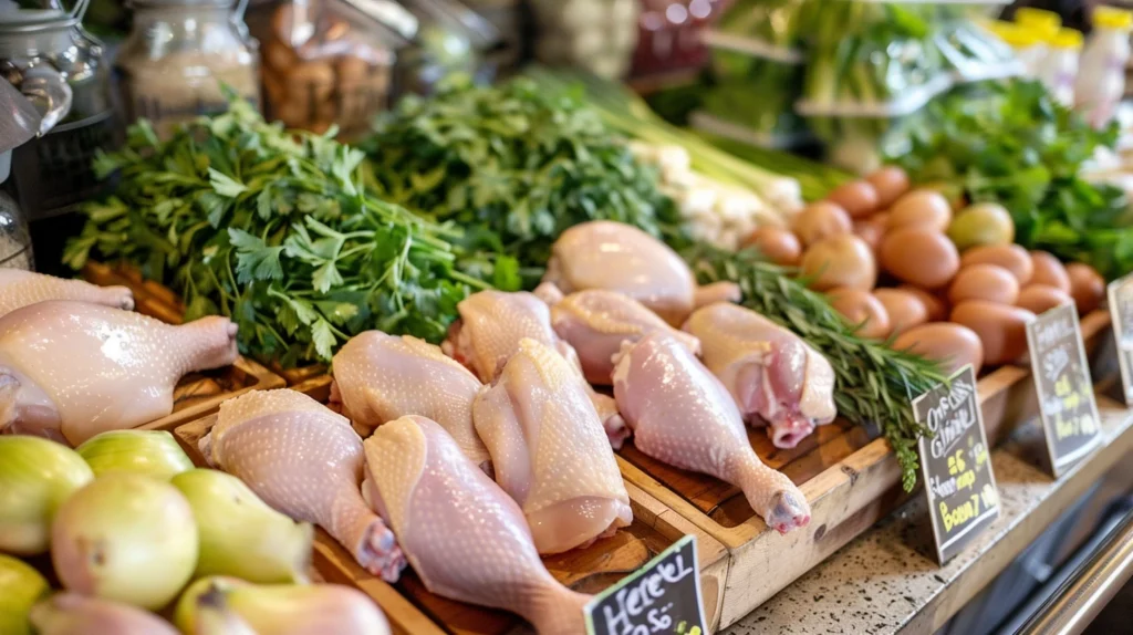 Organic chicken products displayed in a farmer’s market setting, labeled as hormone-free and antibiotic-free.