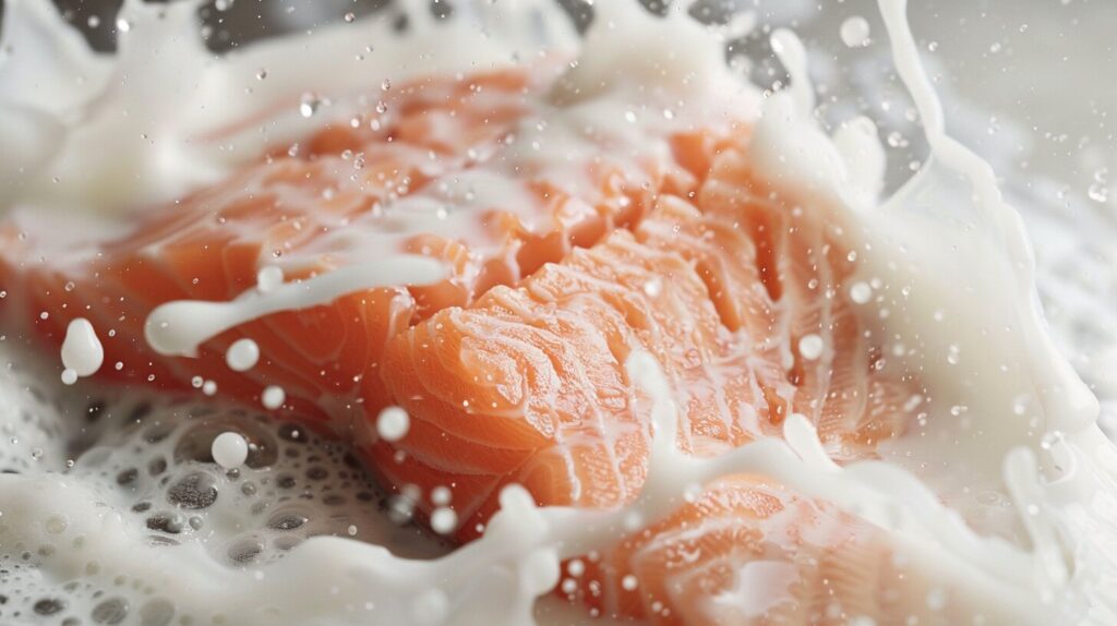 Chemical interaction between milk and salmon proteins.