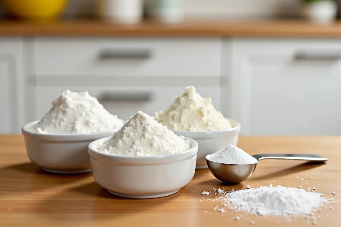 Homemade baking powder ingredients and a measuring spoon on a wooden countertop.