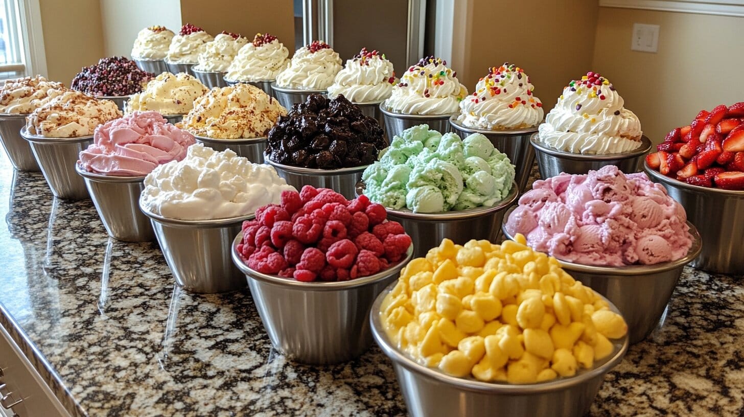 Ice cream sundae bar with colorful toppings.