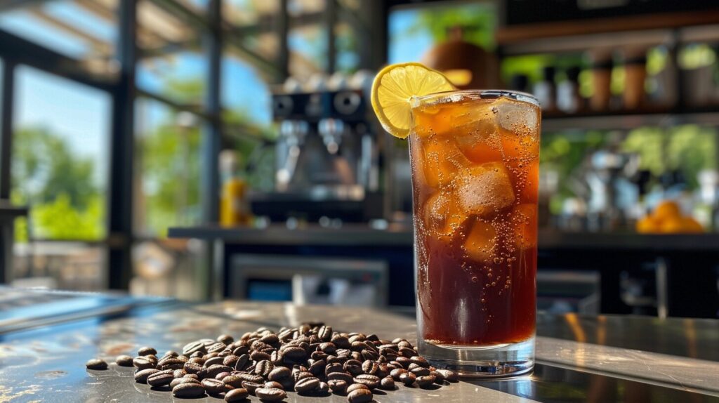 A refreshing glass of iced Americano on a table with coffee beans and an espresso machine in the background.