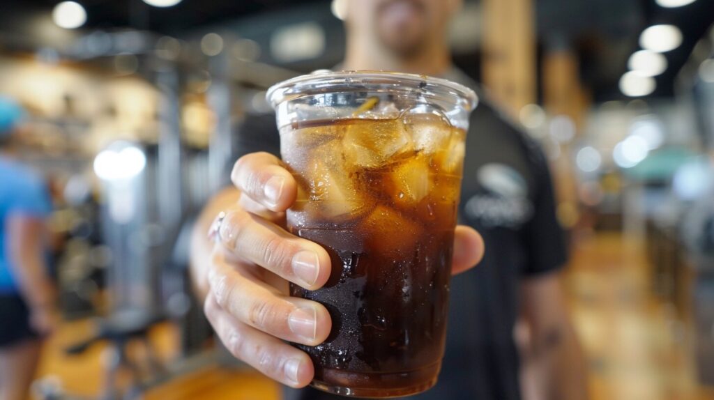 A fitness enthusiast holding an iced Americano post-workout.