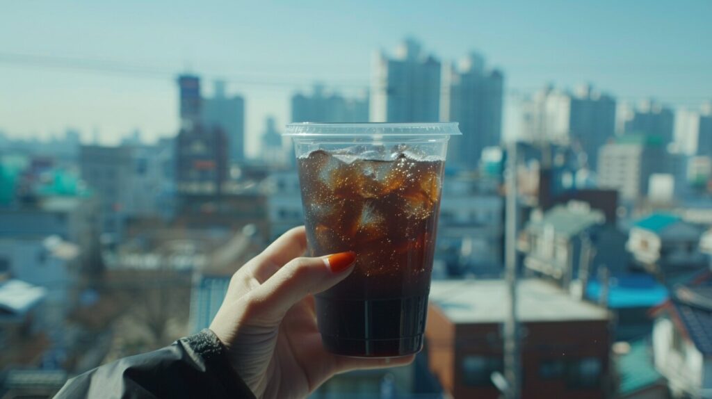 A scene from a K-drama with a character holding an iced Americano.