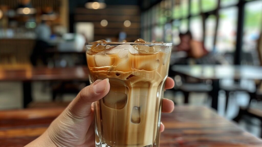 A glass of iced Americano on a wooden table in a modern Korean café.