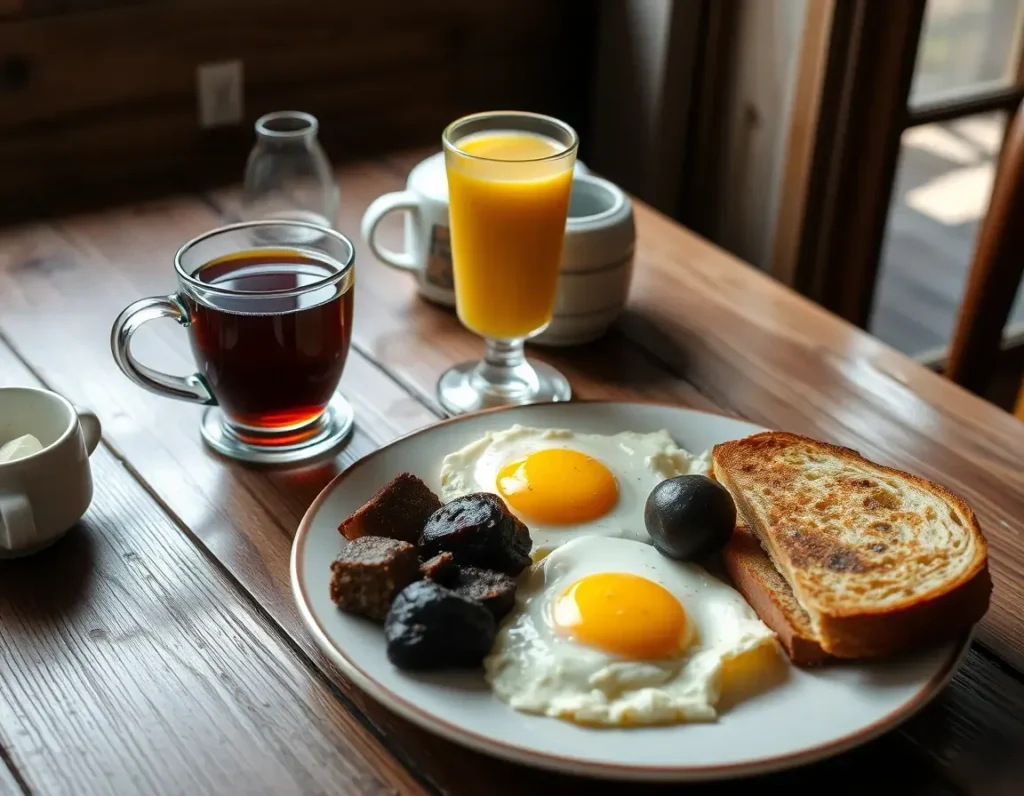 A traditional Irish breakfast spread with tea and juice.