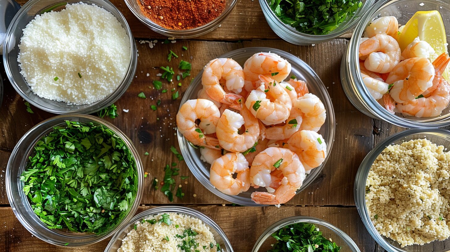 A detailed image of fresh shrimp, breadcrumbs, and herbs for making scampi bites