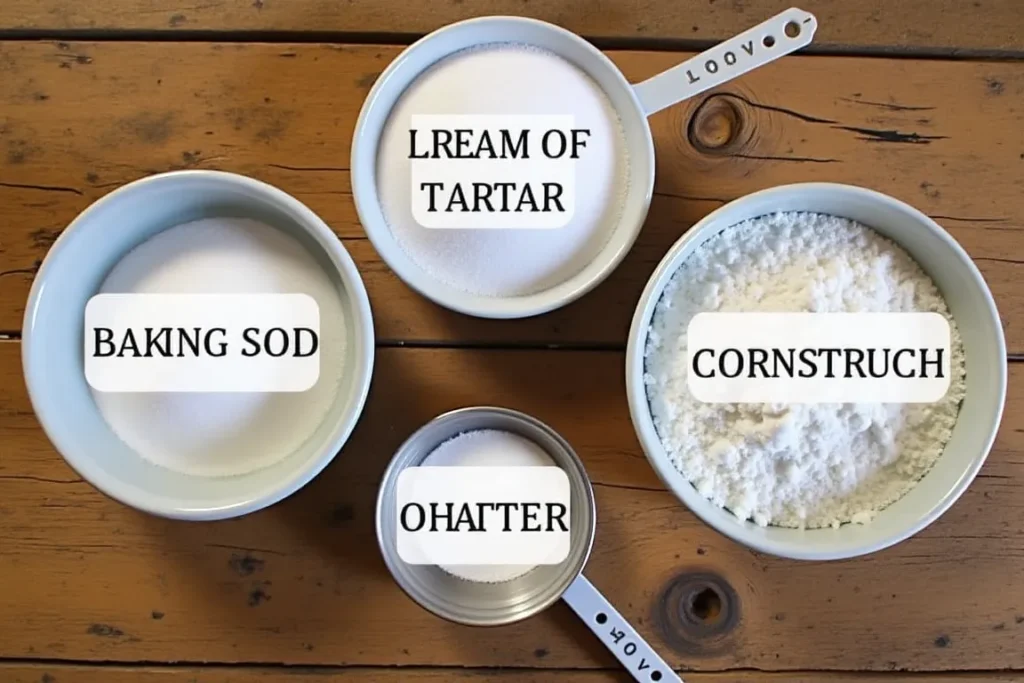 Ingredients for baking powder including cornstarch, baking soda, and cream of tartar.