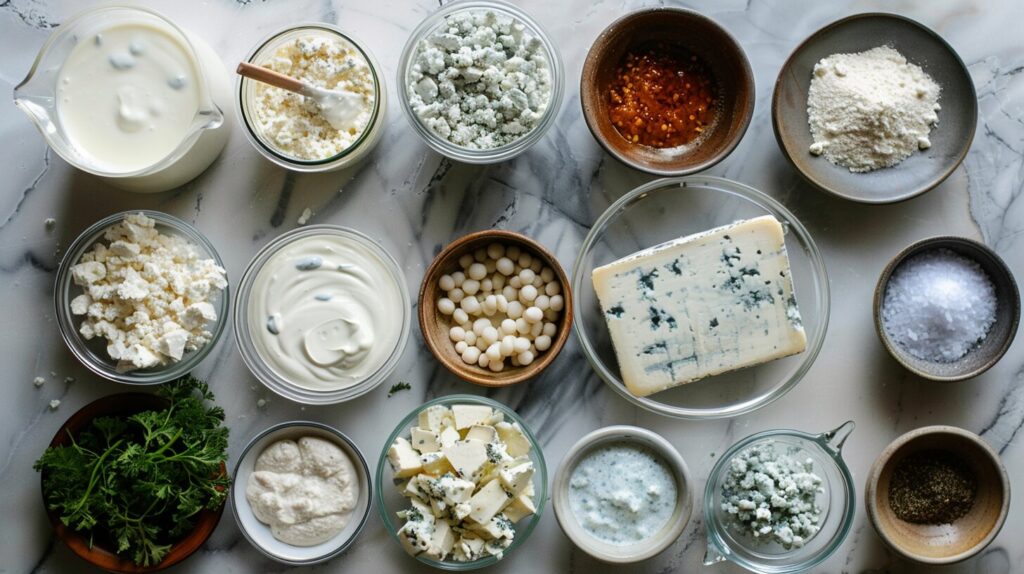 Ingredients for blue cheese dressing laid out on a kitchen counter.