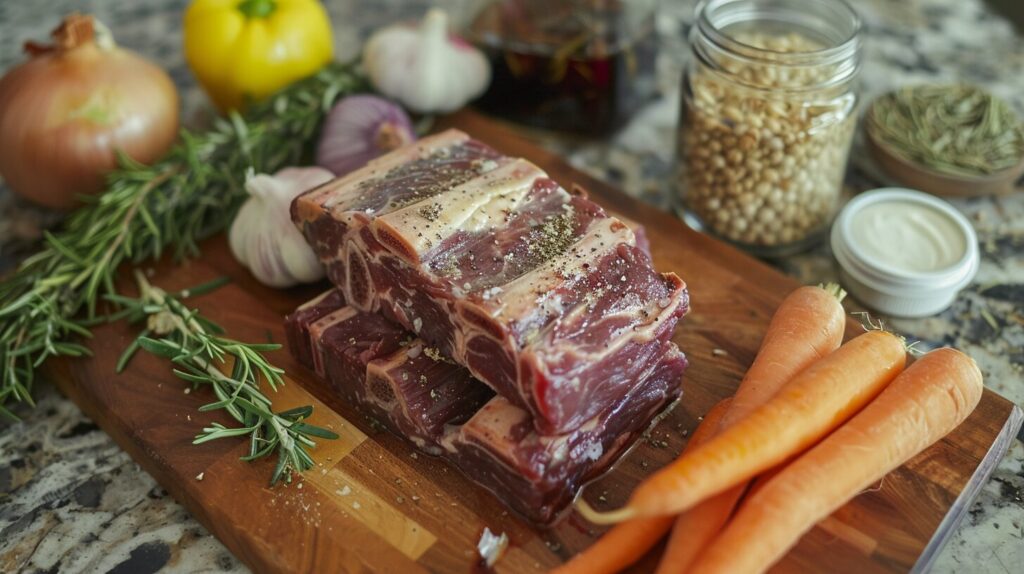 Fresh boneless short ribs with seasonings and vegetables