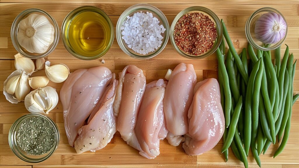 Raw chicken, green beans, garlic, and spices arranged on a cutting board.