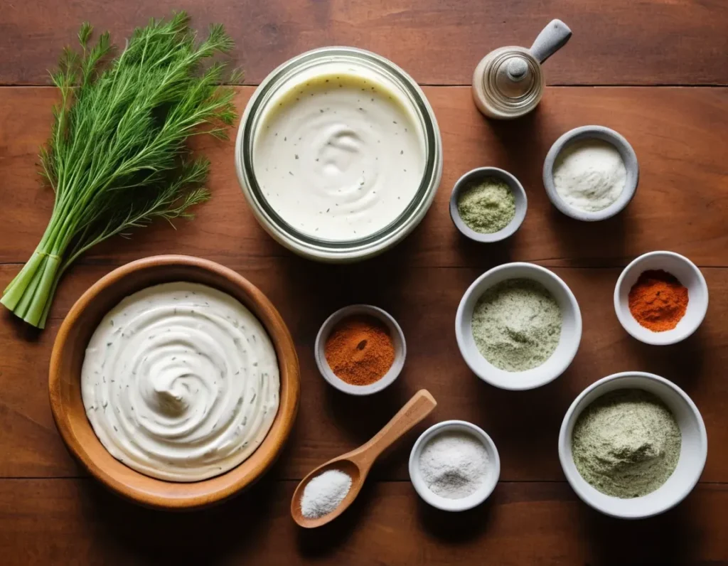 Key ingredients for Outback Ranch dressing on a wooden countertop