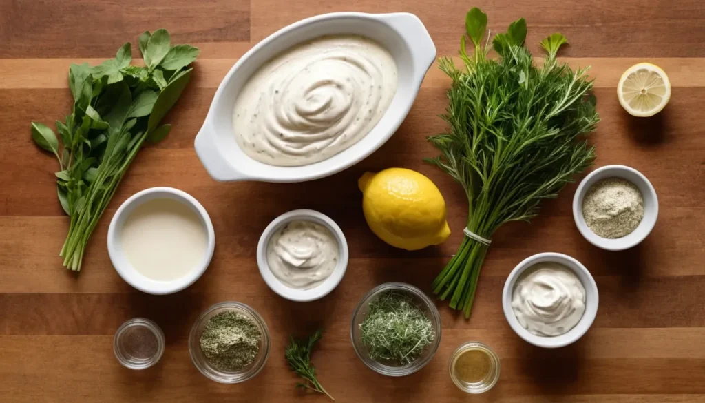 Key ingredients for Outback Ranch dressing, including mayonnaise, buttermilk, and herbs.