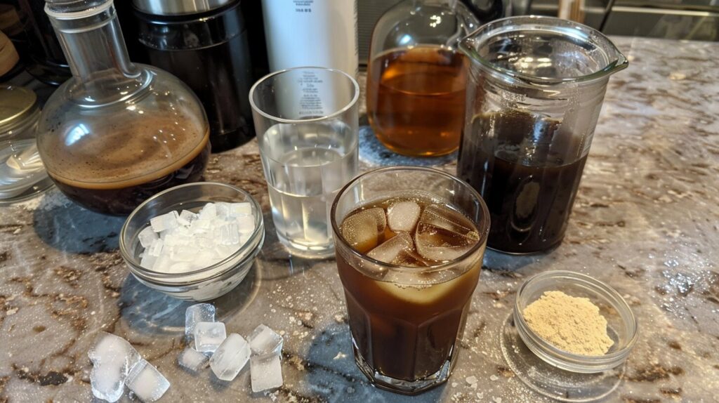 Ingredients of an Iced Americano: espresso, ice cubes, and cold water