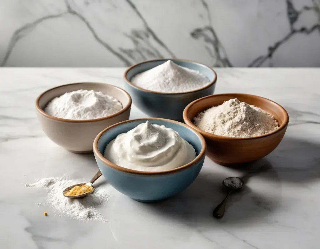 Small bowls of baking soda, cream of tartar, and cornstarch.