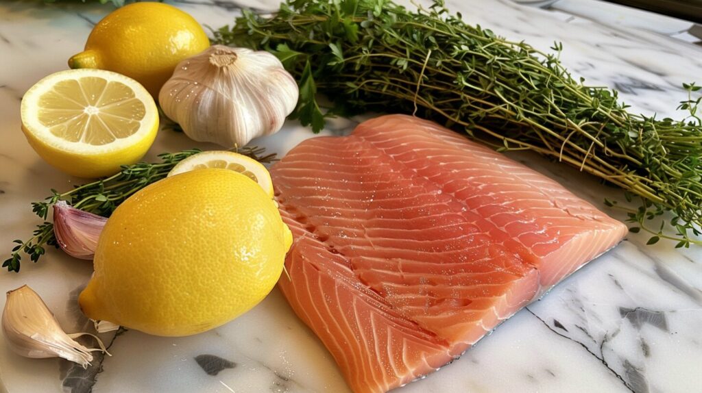 Lemon, garlic, and herbs surrounding a raw fish fillet