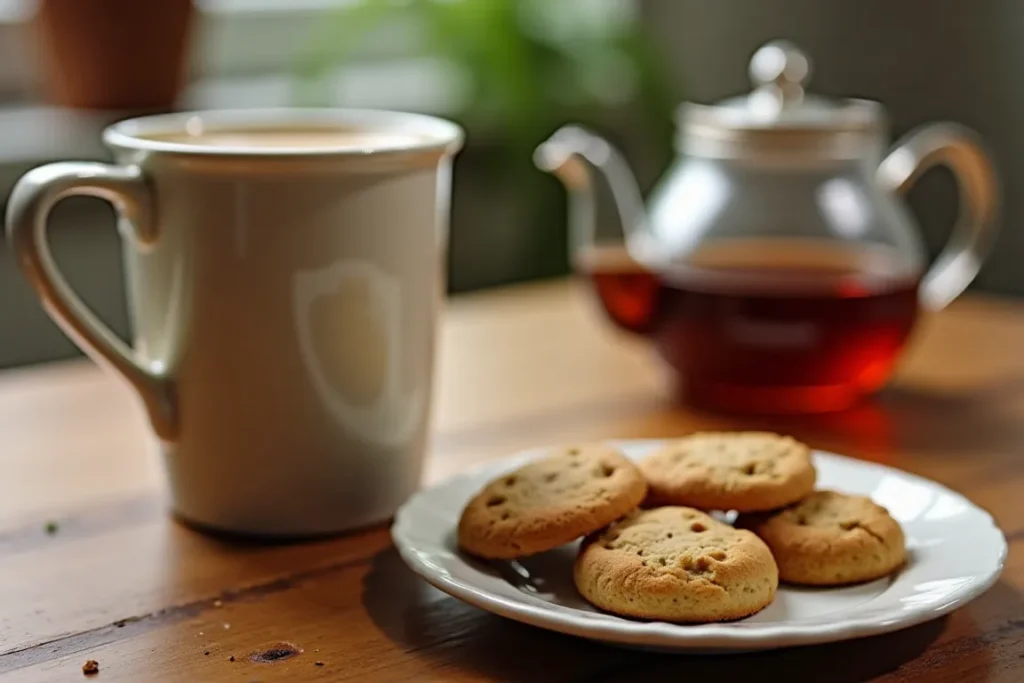 A mug of Irish breakfast tea with milk on a kitchen table.