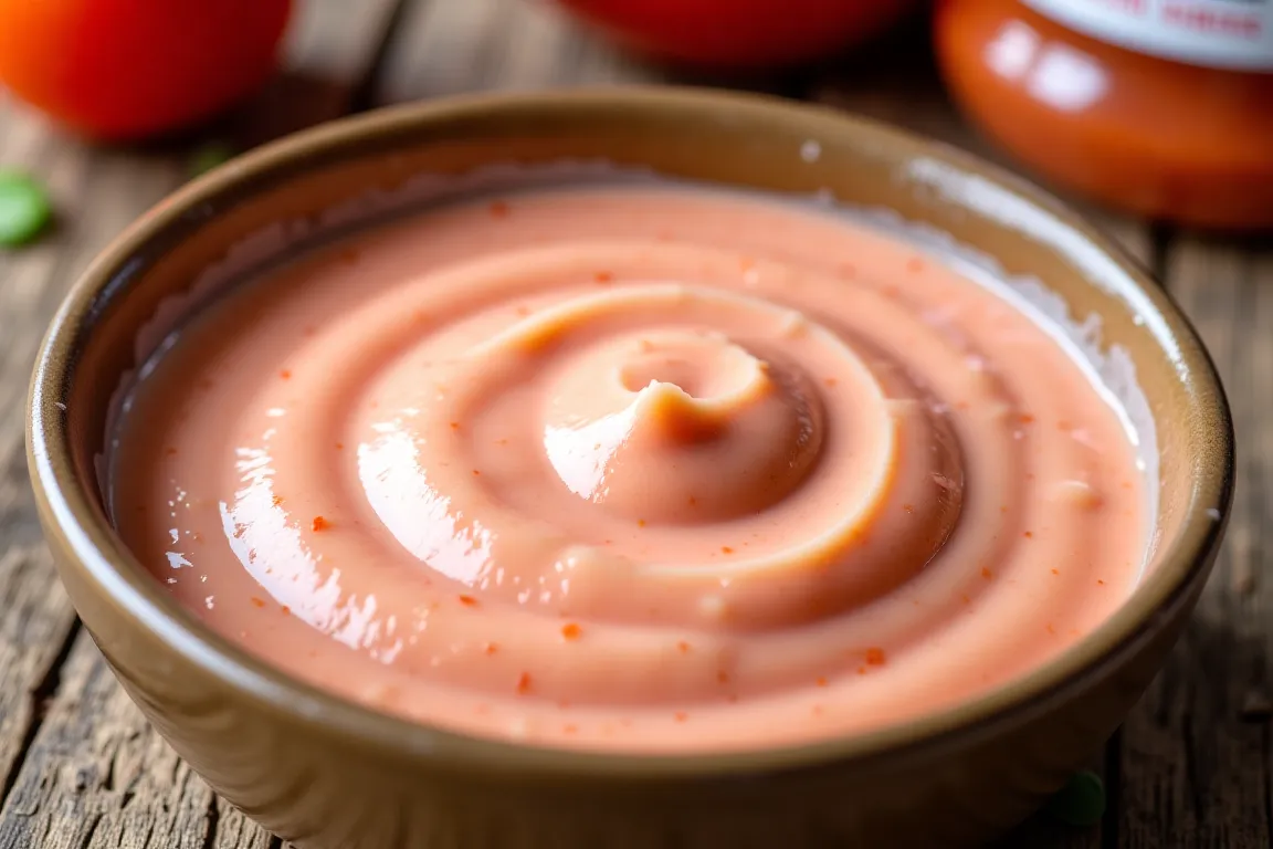 A bowl of ketchup and ranch sauce blend on a wooden table.