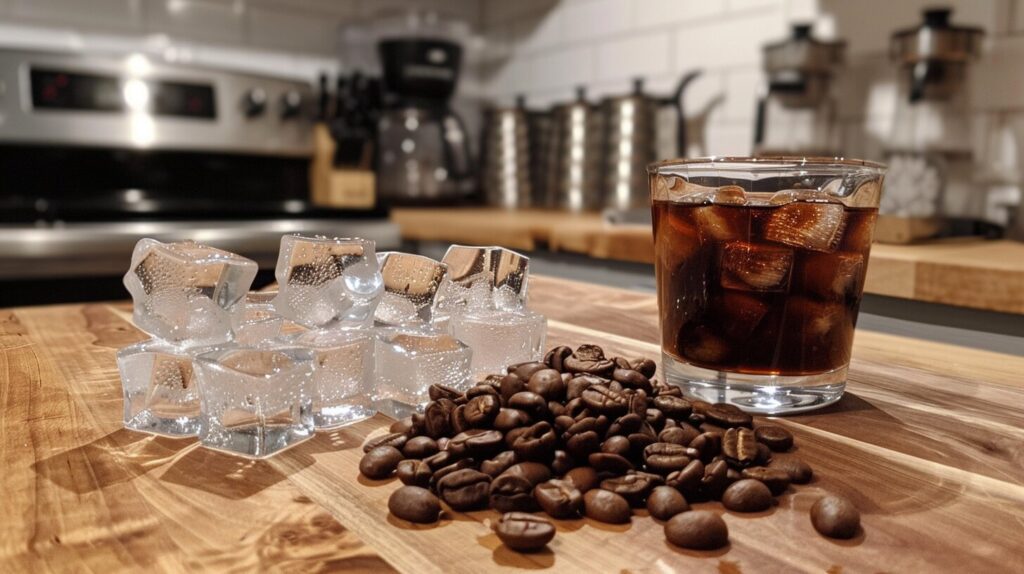 Coffee beans, a shot of espresso, ice cubes, and a glass of water arranged on a countertop.