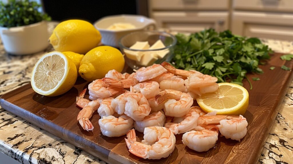 Fresh shrimp, butter, garlic, and lemon arranged on a kitchen countertop.