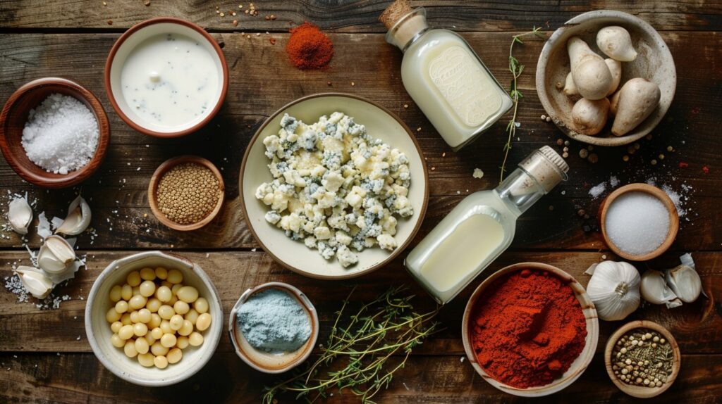 A spread of key ingredients for Trader Joe’s Blue Cheese Dressing, including blue cheese, buttermilk, and spices.