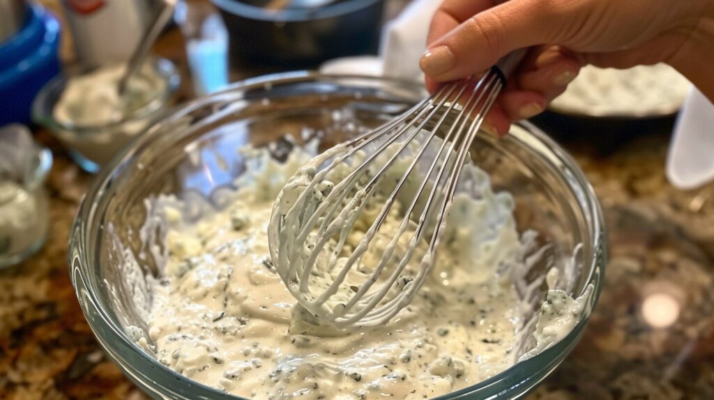 A person whisking blue cheese dressing in a mixing bowl.