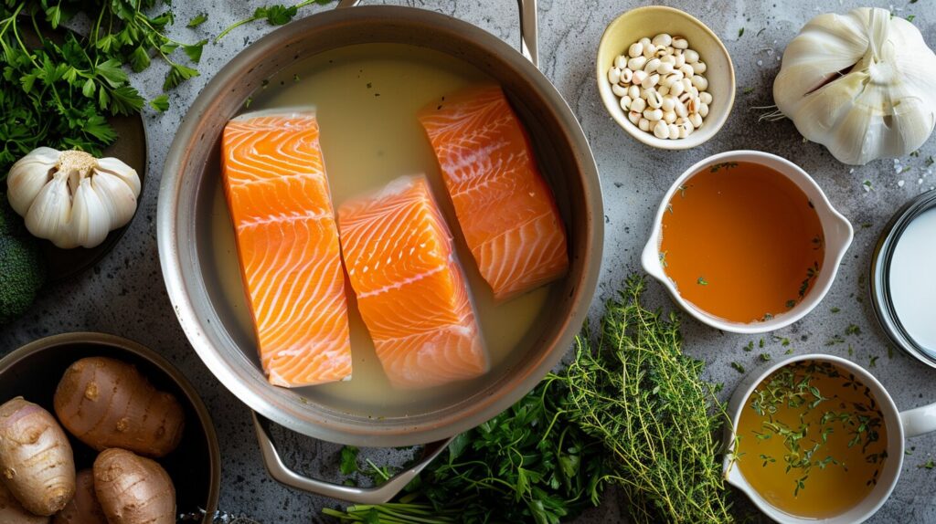 Ingredients and process for making salmon broth.