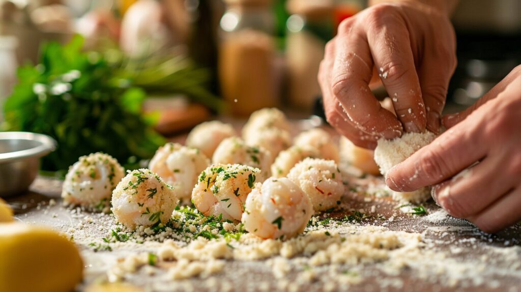 Homemade scampi bites being coated with breadcrumbs and herbs